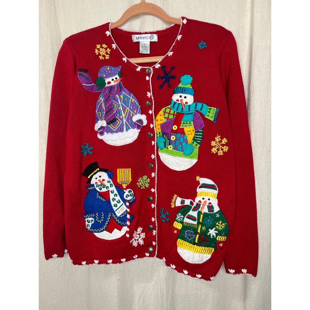 1990s Arriviste Snowman Maximalist Rainbow Christmas Kidcore Teacher Cardigan M